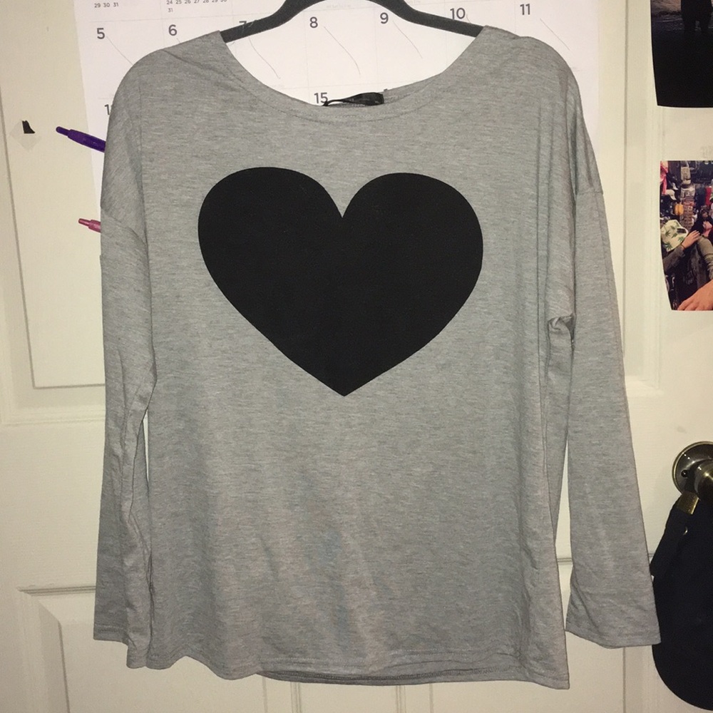 Long sleeved grey shirt with black heart